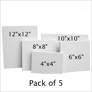 Bundle Pack of 5 Square Canvas Boards – 100% Cotton Stretched & Framed Canvas (4x4 to 12x12 Inches)