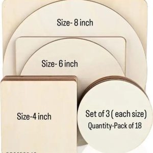 18pcs MDF Plain Wood Boards Set Round & Square 4, 6, 8 Inch – 3.2mm Unfinished Cutouts for Resin, Mandala & Painting